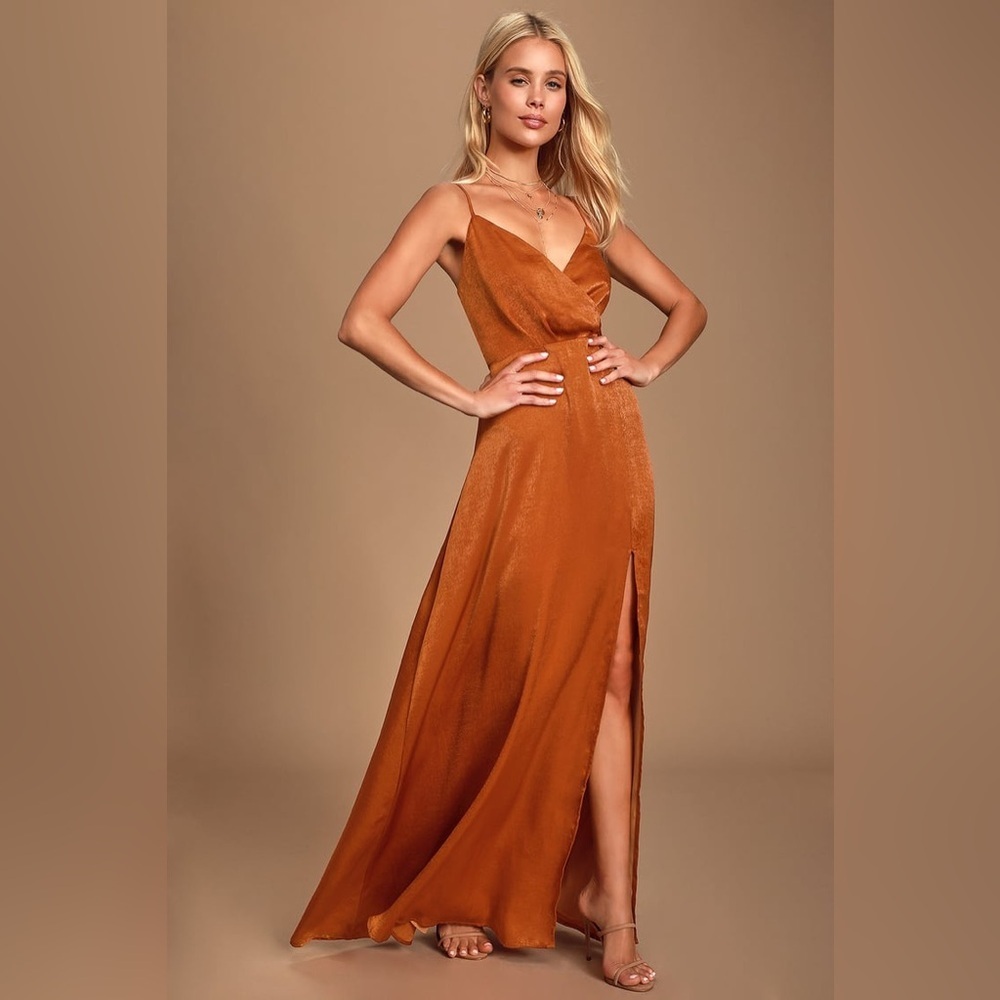 🔆 Lulu's Constantine Rust Orange Satin Maxi Dress